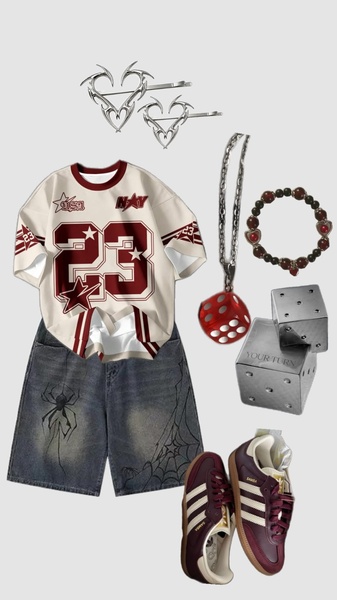 graphic t-shirt, denim shorts, sneakers, hair clips, beaded bracelet, dice necklace, bestseller push, flat lay, energetic, playful, neutral, red, black